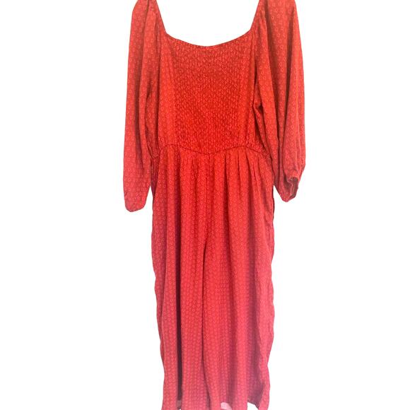 Knox Rose Jumpsuit XL Red Long Smocked Back Ditzy Print Prairie Boho Cottage - Picture 2 of 10